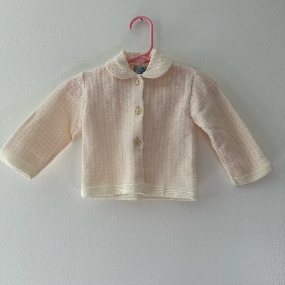 Vintage Foley’s Baby Sweater Set Pink White Knit Cardigan Bonnet Size 6M